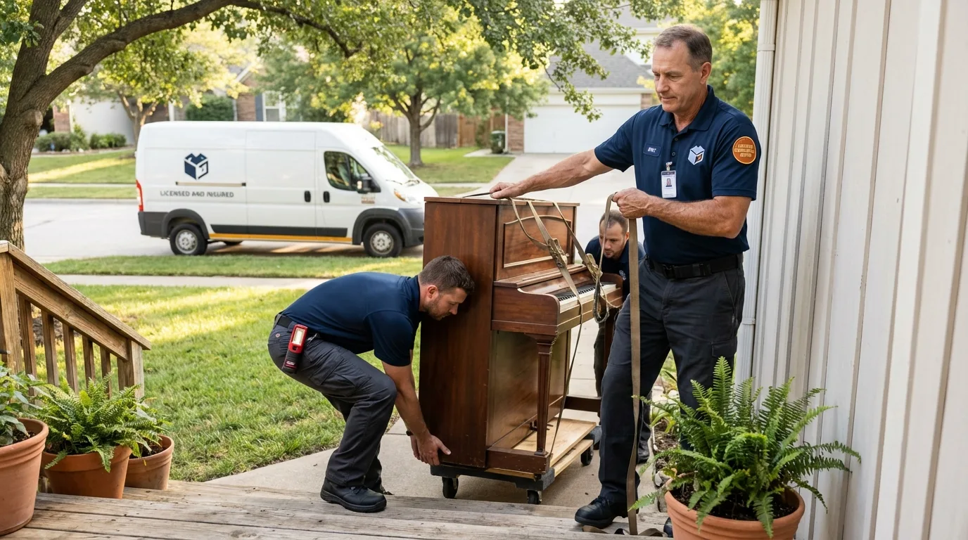 Licensed piano movers securing grand piano in University, MS