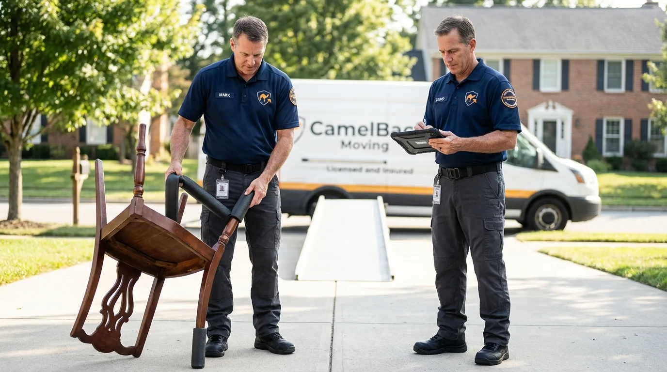 Movers inspecting furniture for damage prevention before loading in University, MS