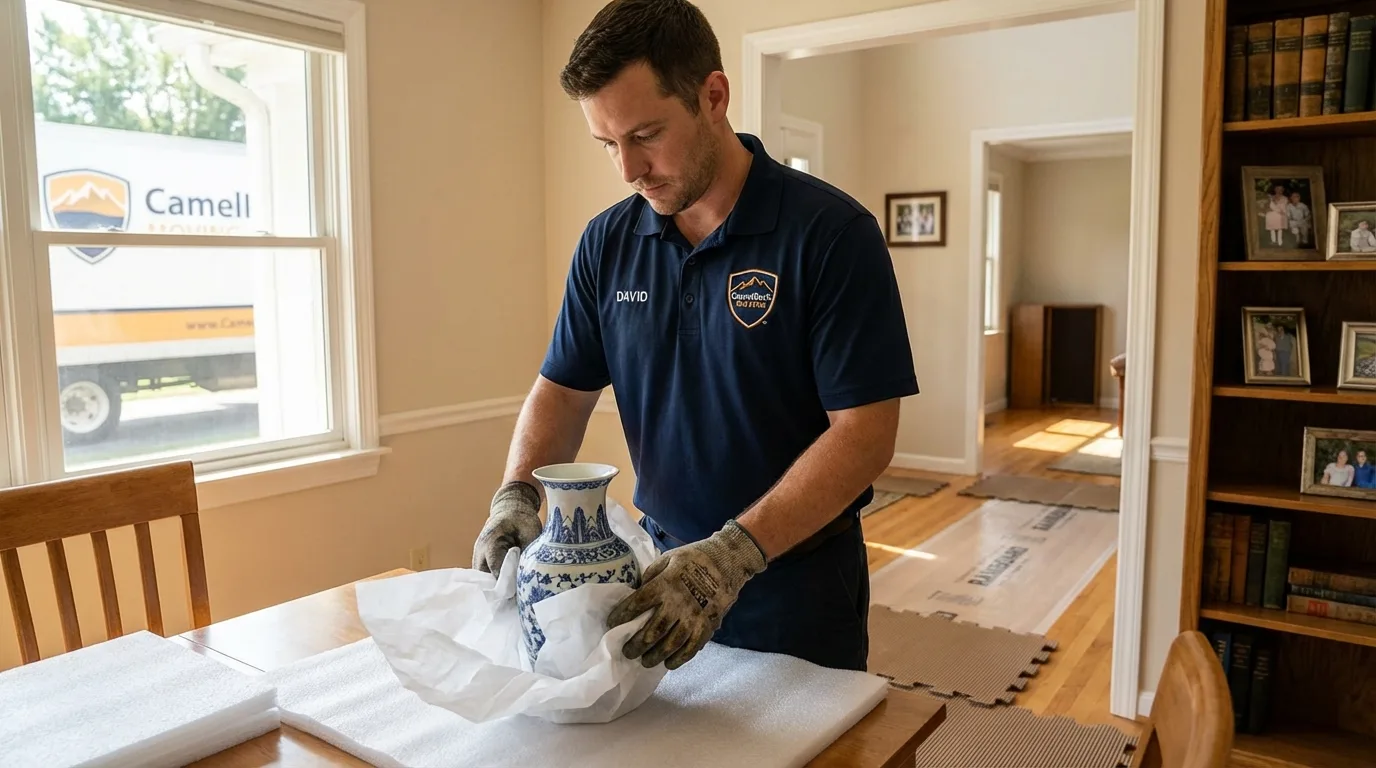 Professional crew carefully wrapping antique vase for senior downsizing move in University, MS