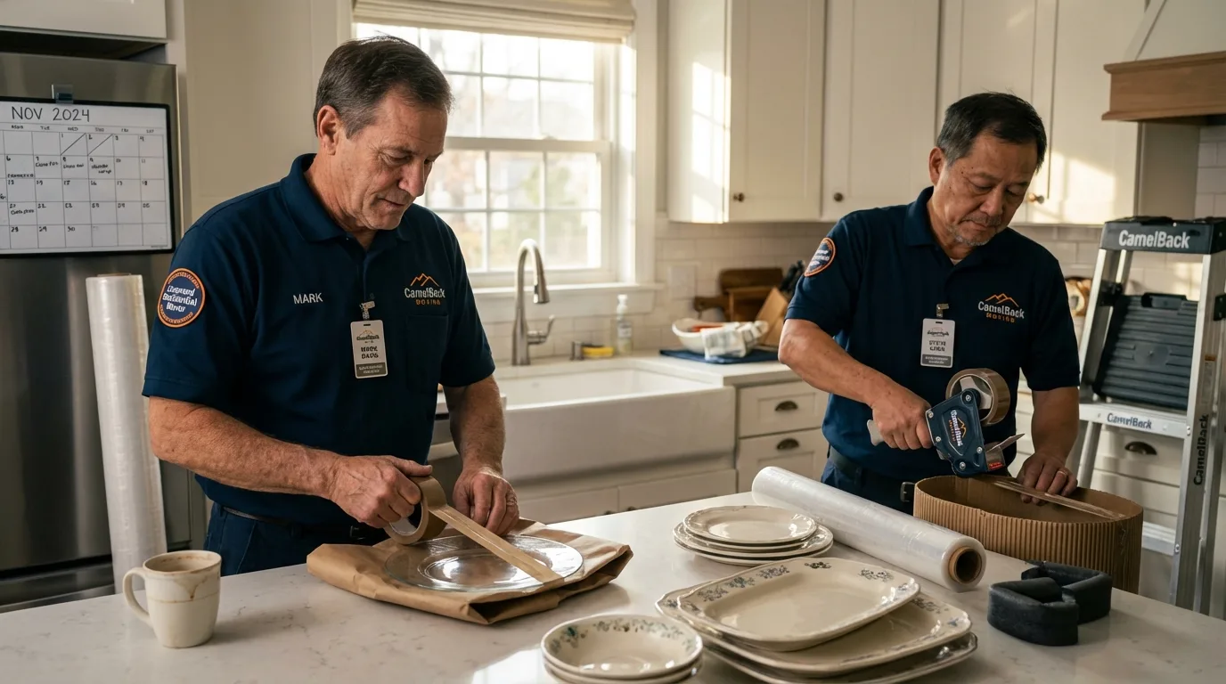 Professional crew packing kitchen dishware in University, MS